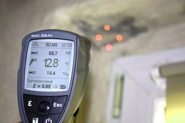 Pomiary przed odgrzybianiem - tu badanie mostka termicznego i punktu rosy